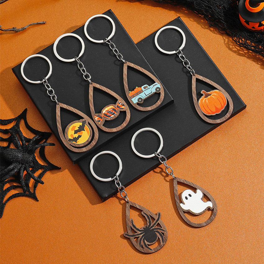 Halloween Women Cartoon Ghost Bat Pumpkin Wooden Keychain