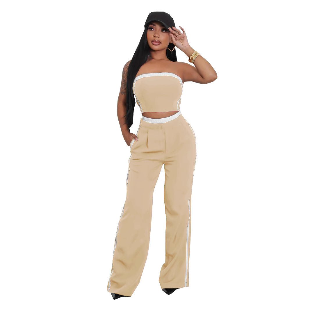 Ensemble haut sans bretelles et pantalon large à coutures contrastées pour femme