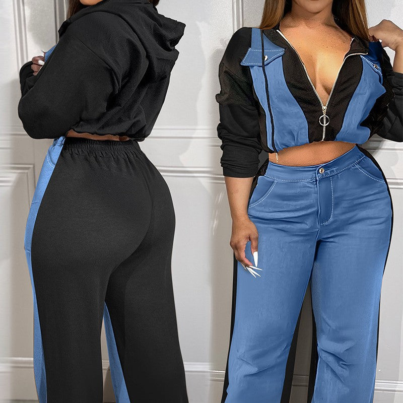 Casual Women Zipper Denim Stitching Two-Piece Set Cotton Blend Stylish