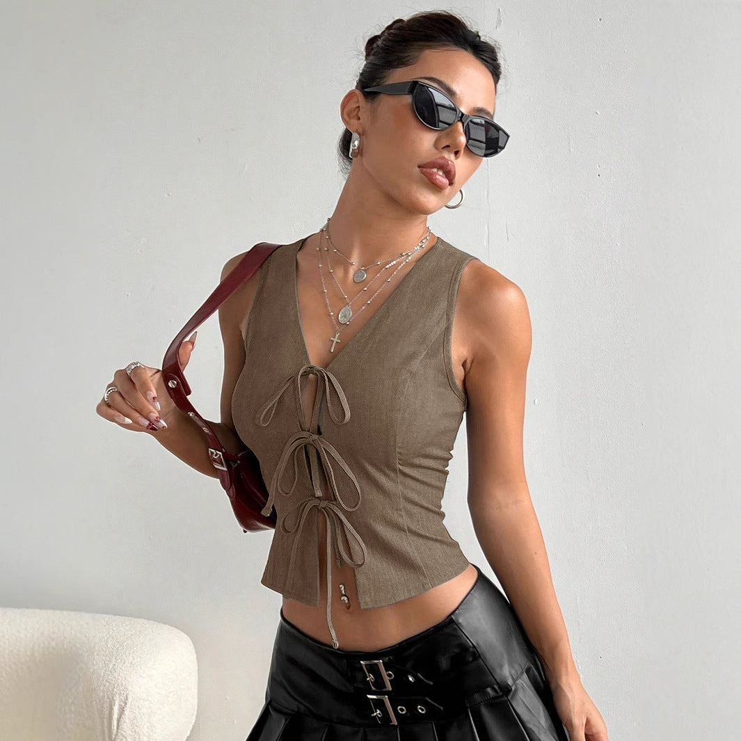 Camiseta sin mangas ajustada con cordones de color liso a la moda para mujer
