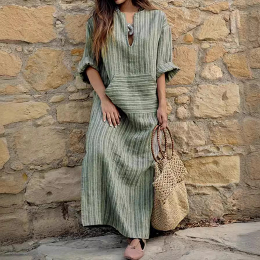 Vestido largo informal de lino y algodón de moda de verano para mujer