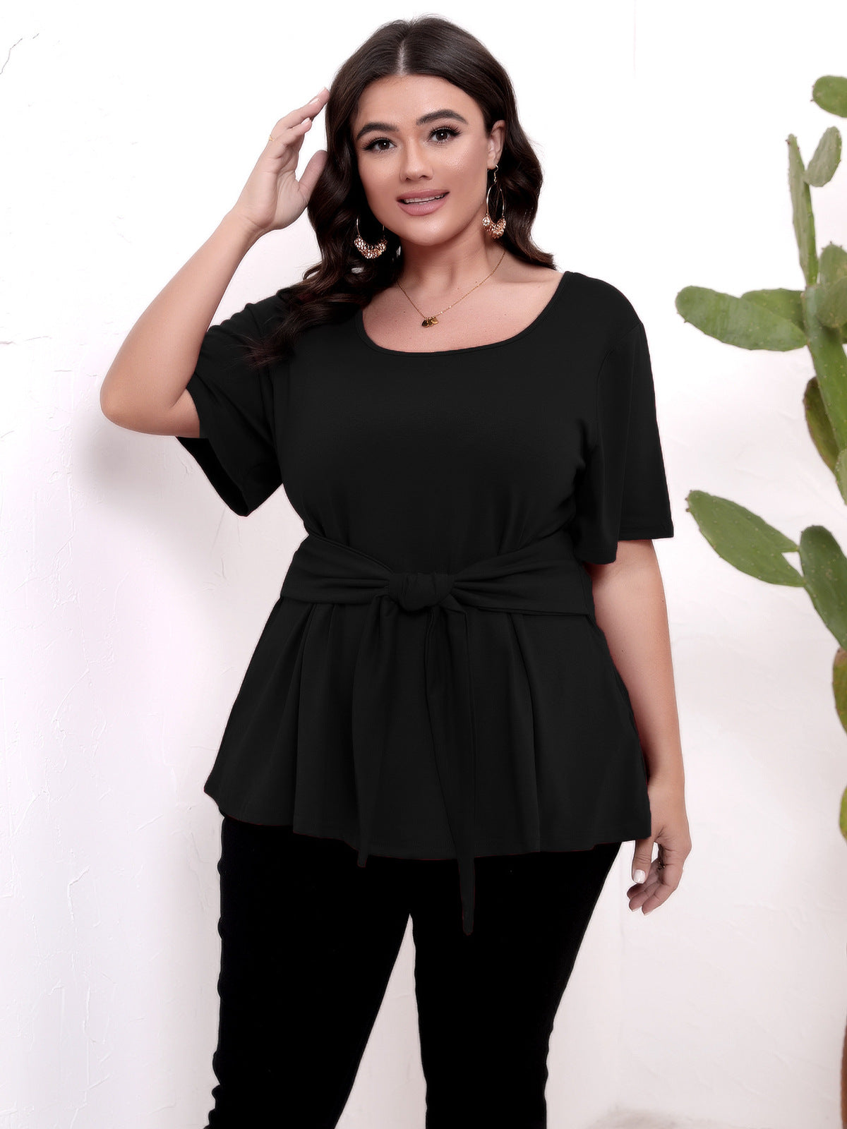 Women Casual Plus Size Solid Color Lace-Up T-Shirt