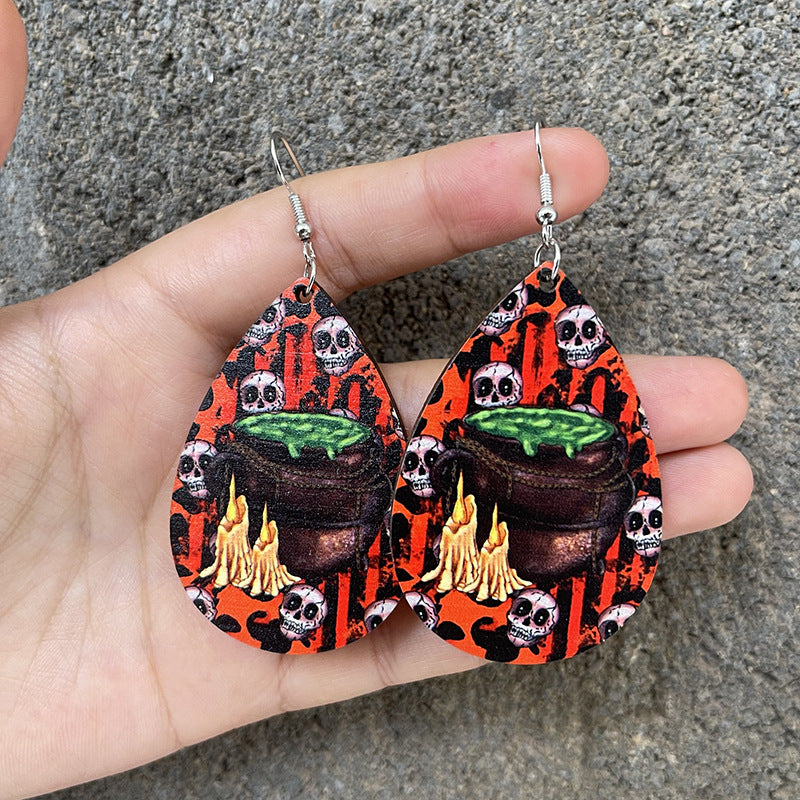 Pendientes colgantes de madera con diseño de calavera para Halloween para mujer