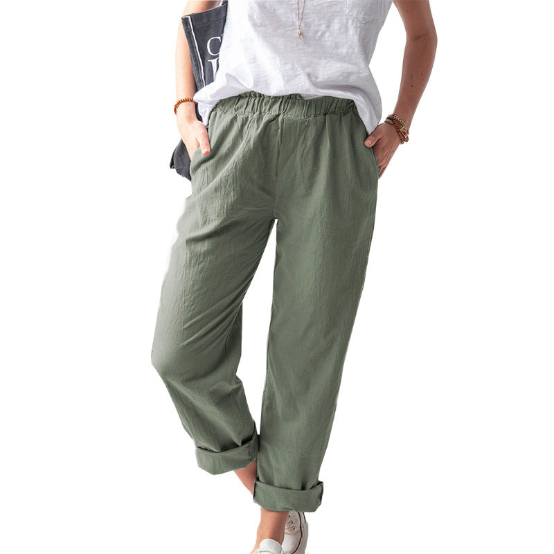 Women Casual Solid Color Cotton And Linen Pants