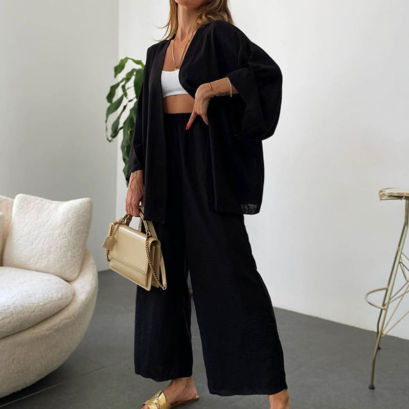 Women Fashion Casual Cotton Linen Cardigan Set