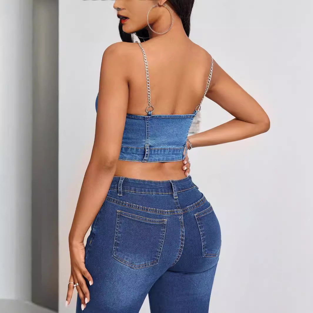 Women Fashion Deep V Backless Denim Camisole