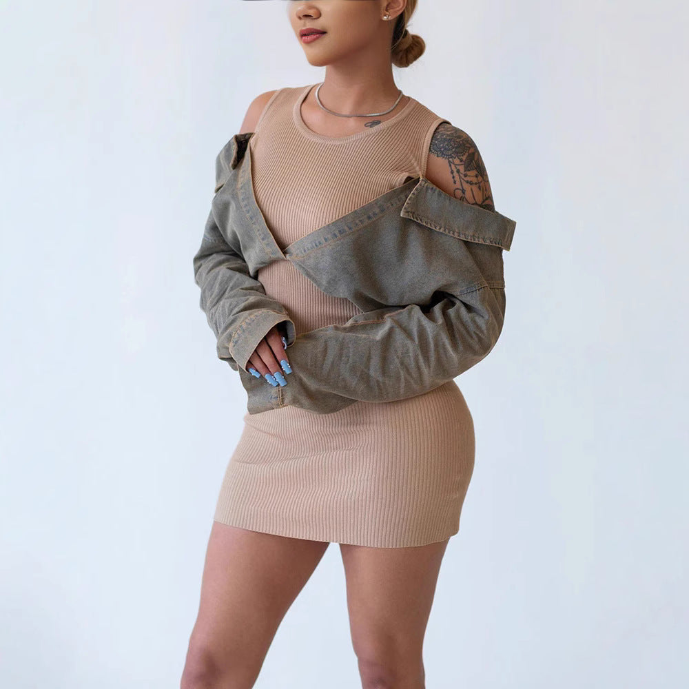 Vestido de manga larga con costuras vaqueras creativas a la moda para mujer