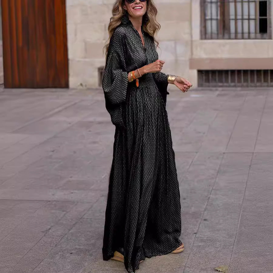 Vestido informal de cuello en V con cuadrícula de color liso a la moda para mujer