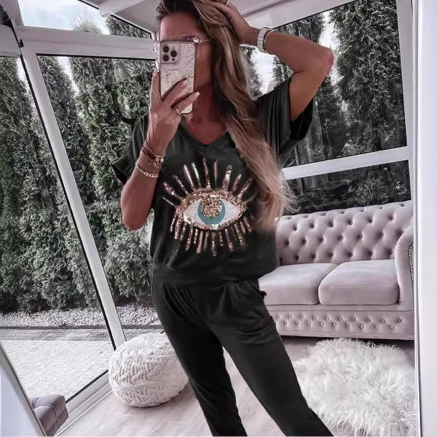Conjunto de dos piezas con cuello en V y estampado de lentejuelas de ojo de diablo
