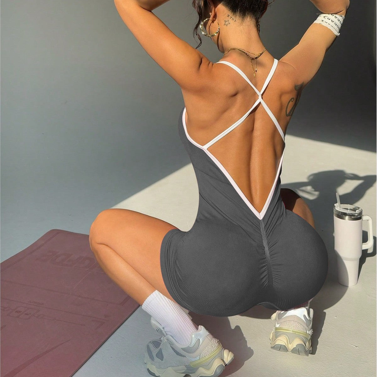 Combinaison de yoga dos nu sans coutures, couleur unie, tendance pour femmes