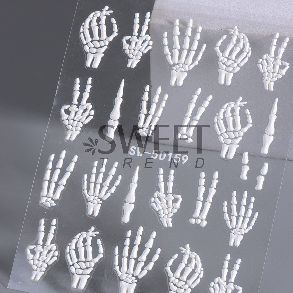 Autocollants pour ongles 5D en relief pour femmes, motif tête de mort, araignée, os, citrouille, Halloween