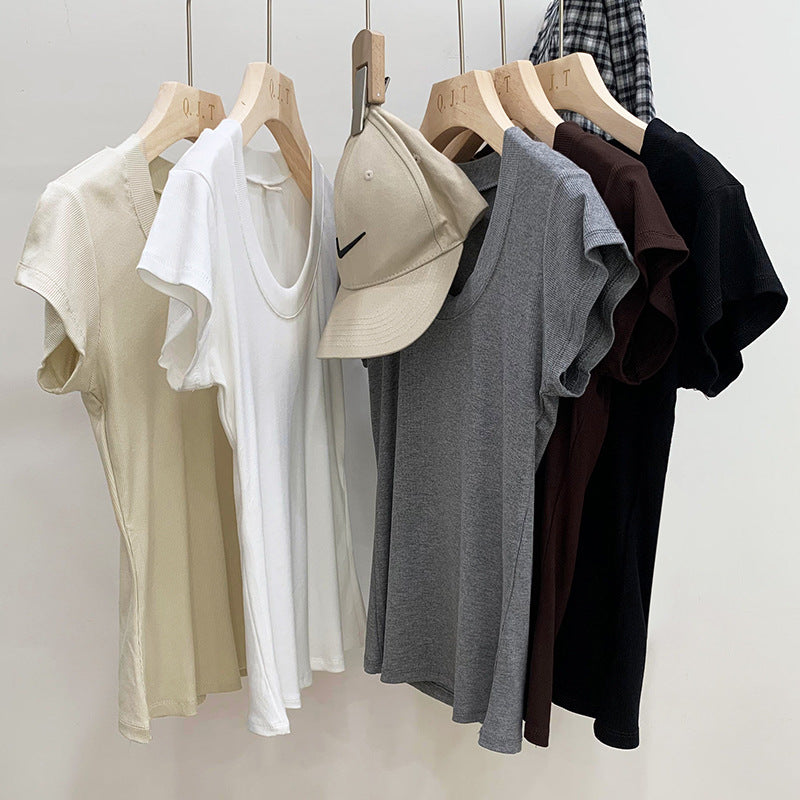 Camiseta sencilla de manga corta con cuello en U y hilo de color liso para mujer