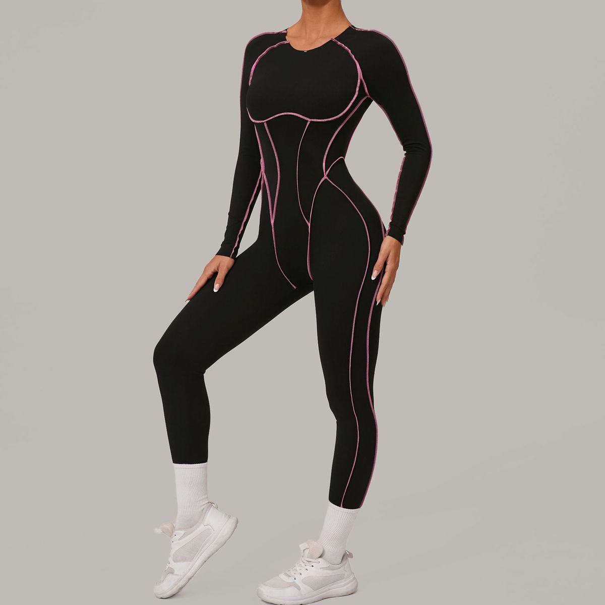 Combinaison de yoga dos nu à manches longues et couleurs assorties pour femmes
