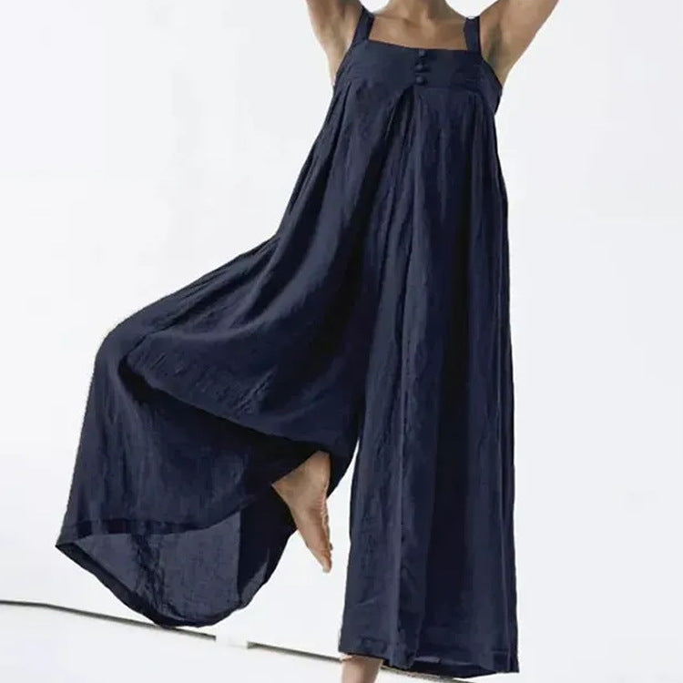 Women Fashion Casual Solid Color Cotton Linen Jumpsuits