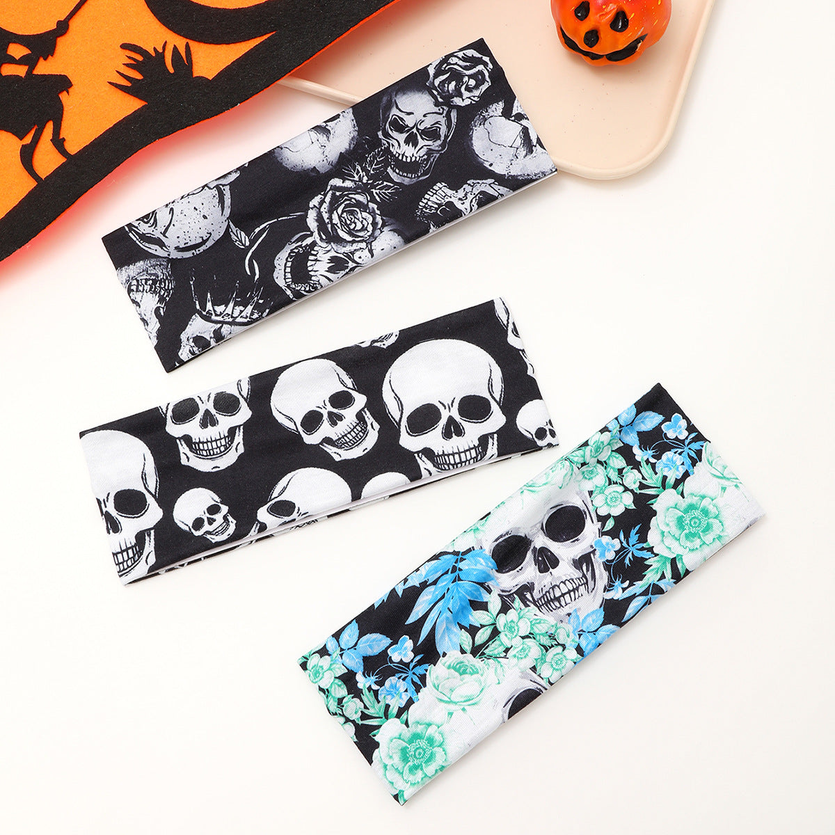 Bandeau de yoga pour cheveux en tissu éponge motif crâne d'Halloween, citrouille et toile d'araignée