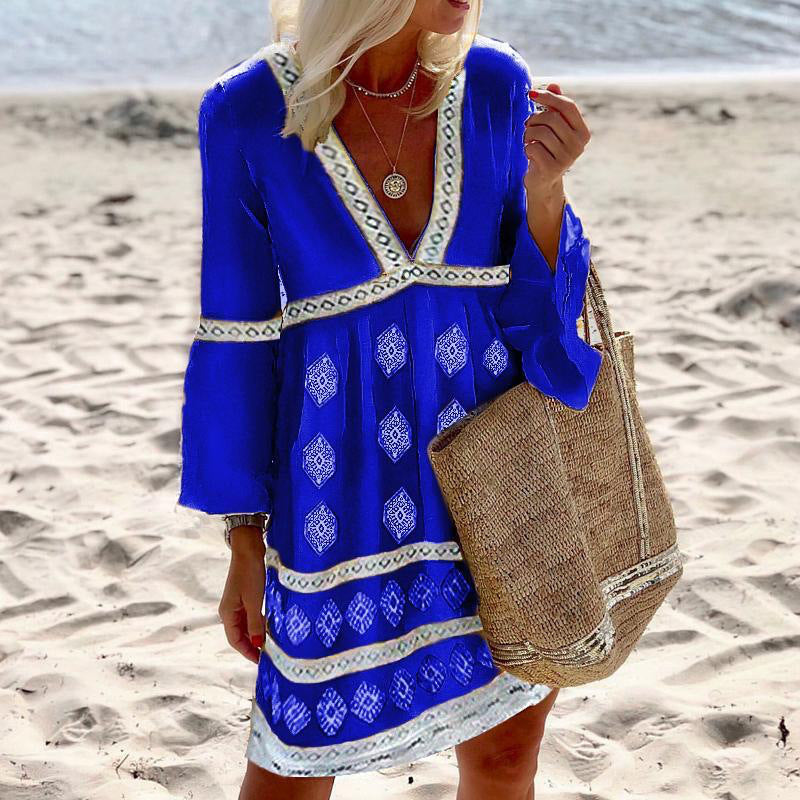 Vestido holgado bohemio elegante de manga larga con cuello en V para mujer