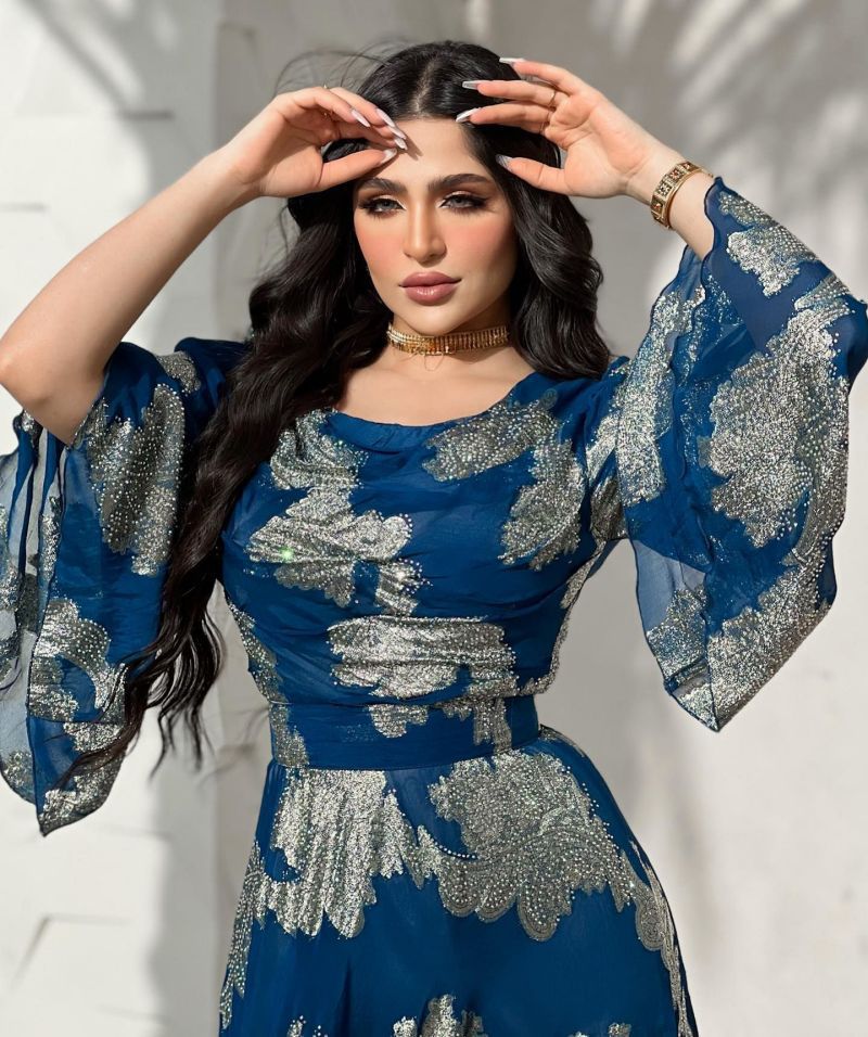 Women Fashion Printed Chiffon Round-Neck Dress with Bubble Sleeves
