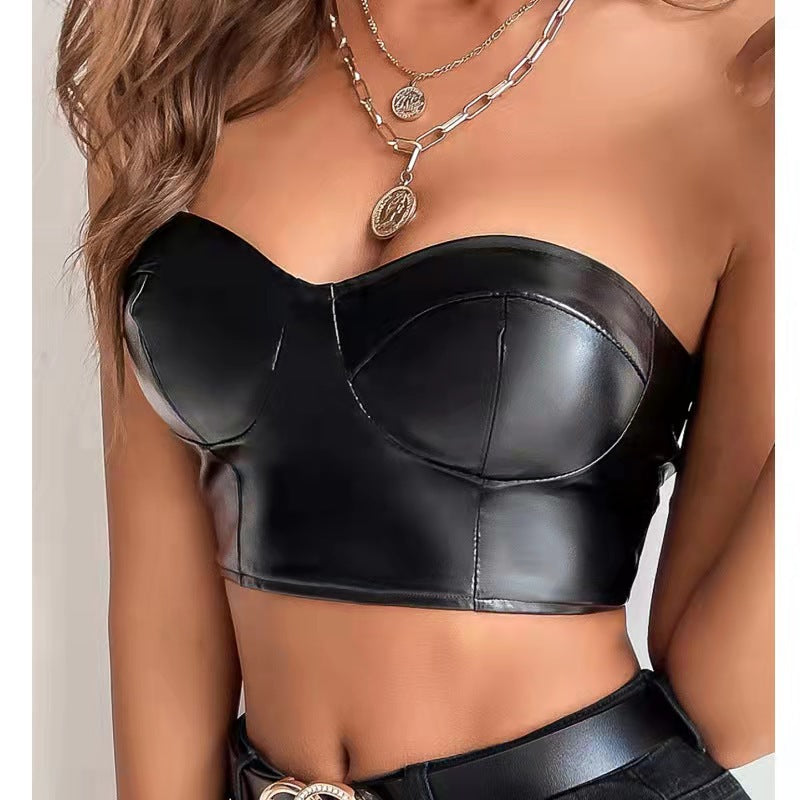 Top sexy sin tirantes de PU de color sólido para mujer