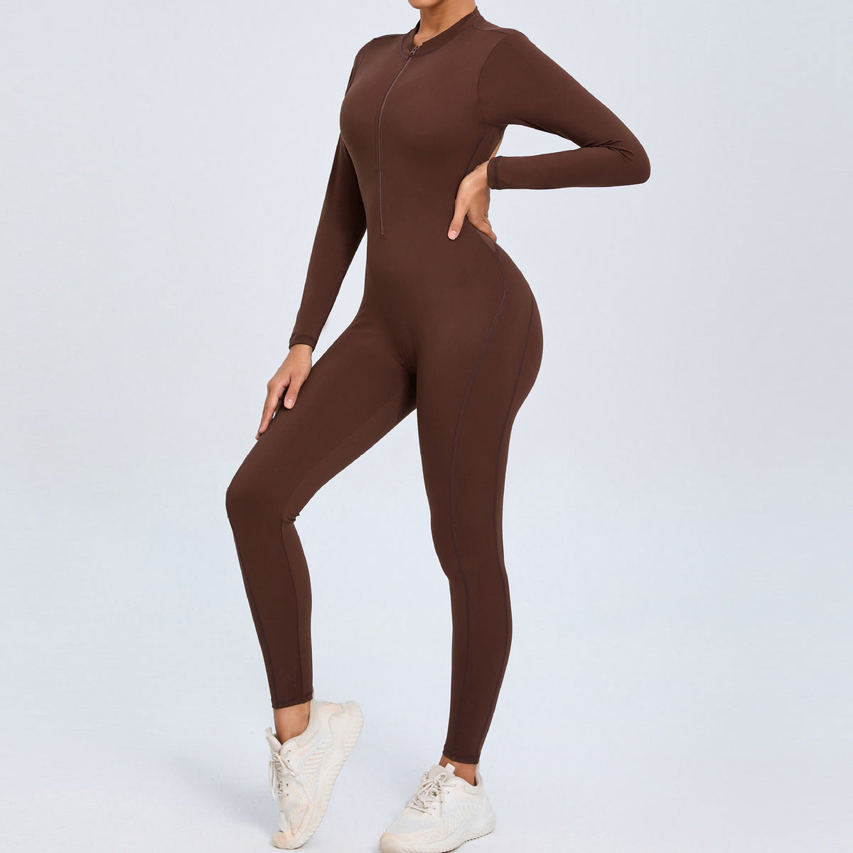 Women Fashion Solid Color Zipper Long-Sleeve Yoga Jumpsuit
