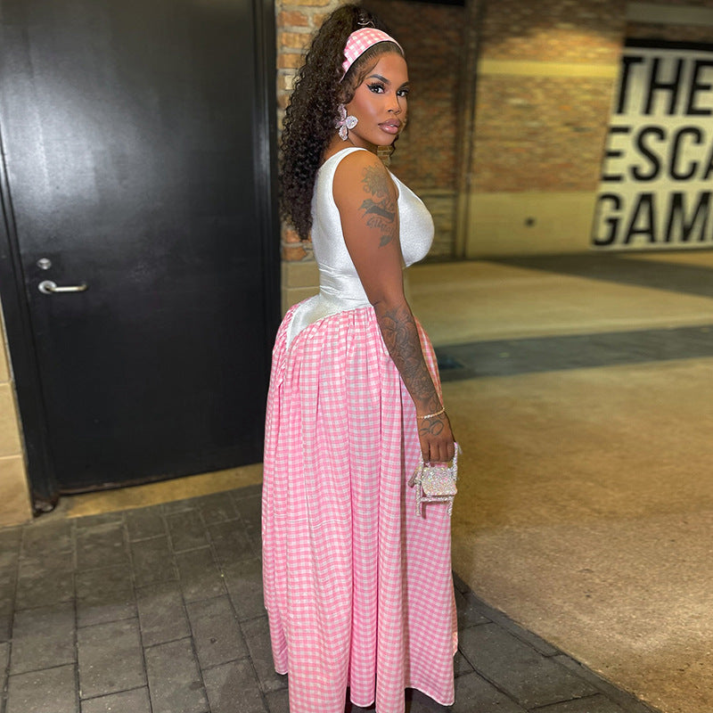 Vestido midi sin mangas con estampado de cuadros y patchwork sexy para mujer