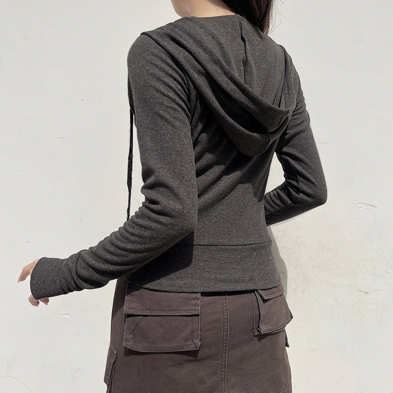 Women Casual Solid Color Long Sleeve Rib Drawstring Jacket