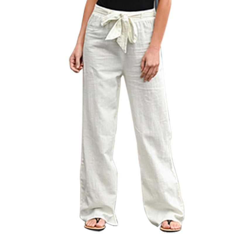 Women Solid Color Linen High Waist Lace Up Wide Leg Pants