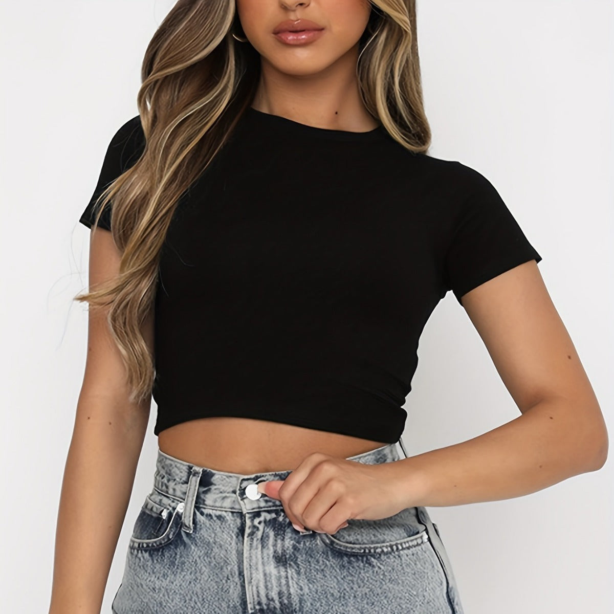 T-shirt d'été à manches courtes et col rond pour femme, couleur unie, à la mode