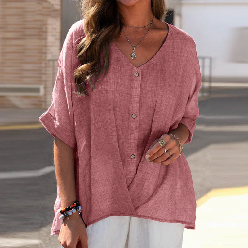 Camisa informal de lino y algodón de moda de verano para mujer