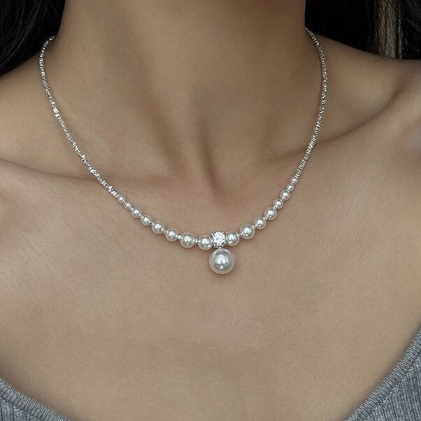 Collar elegante de perlas de plata para mujer, estilo geométrico