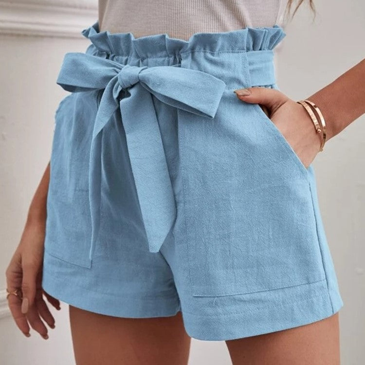 Women Casual Linen Solid Color Loose Pocket Shorts