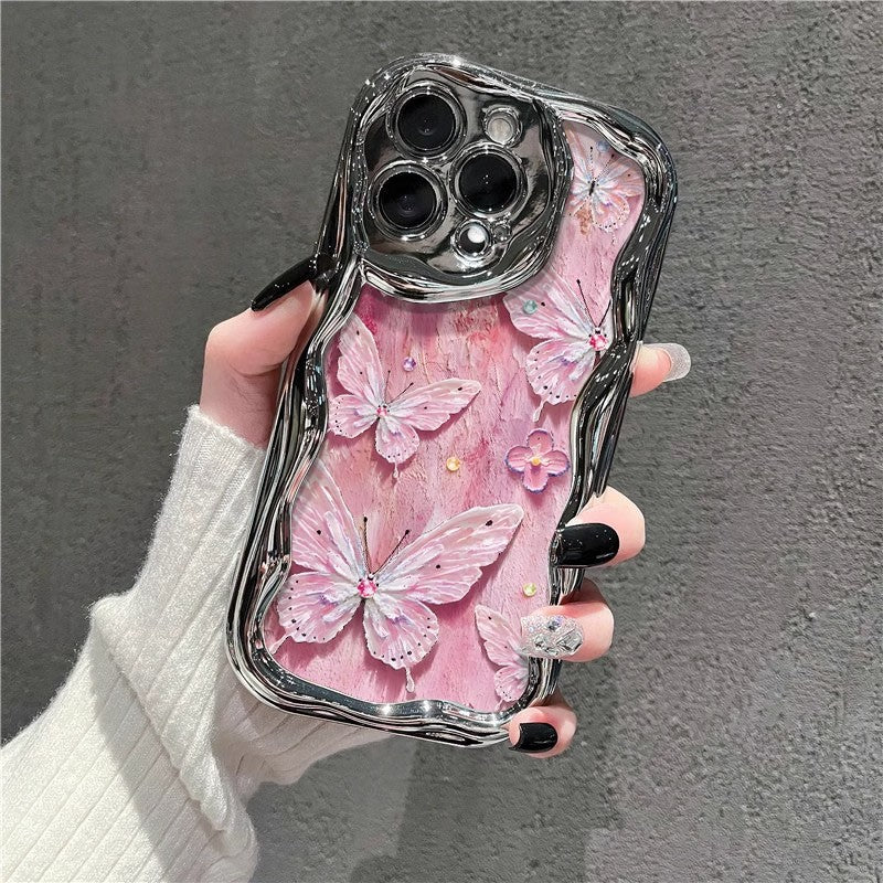 Funda para iPhone galvanizada resistente a caídas con diseño de mariposa y pintura al óleo a la moda para mujer