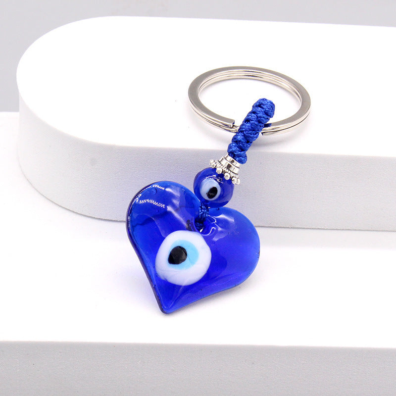Women Simple Blue Glass Devil Eye Pendant Key Chain