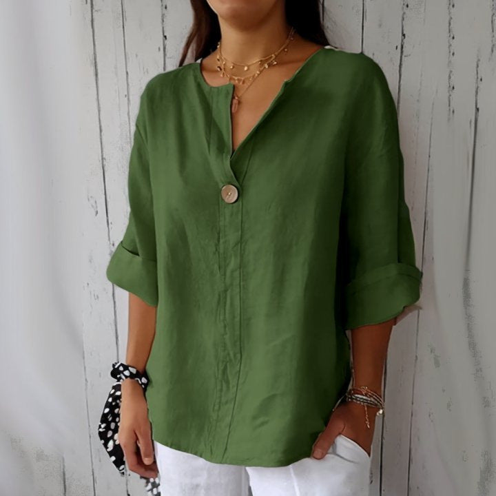 Camisa de lino y algodón de color liso, holgada e informal para mujer, cómoda y elegante.