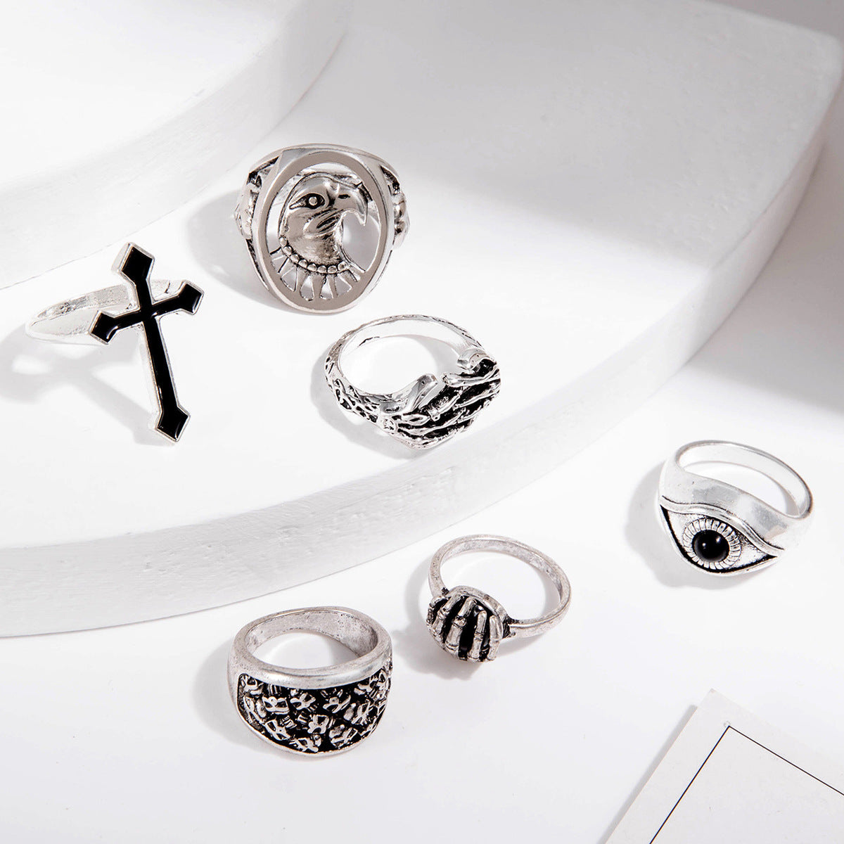 Men Fashion Exaggerated Punk Cross Skull Ring Six-Piece Set