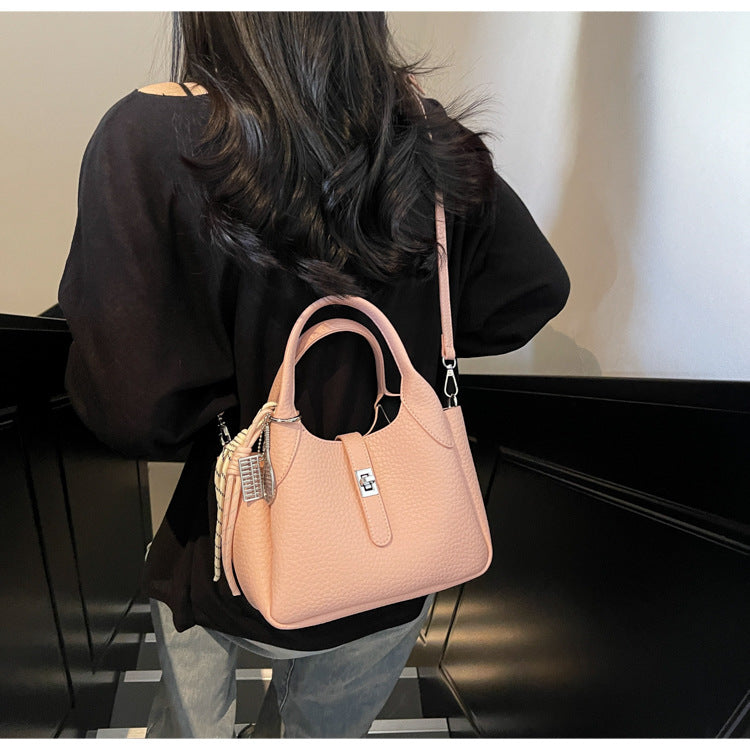 Sac à main seau décontracté de couleur unie pour femme avec motif litchi