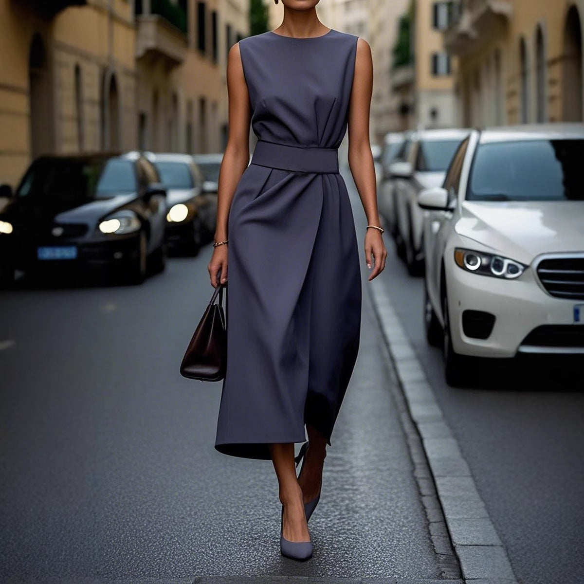 Vestido casual sin mangas de color sólido para mujer con cuello redondo