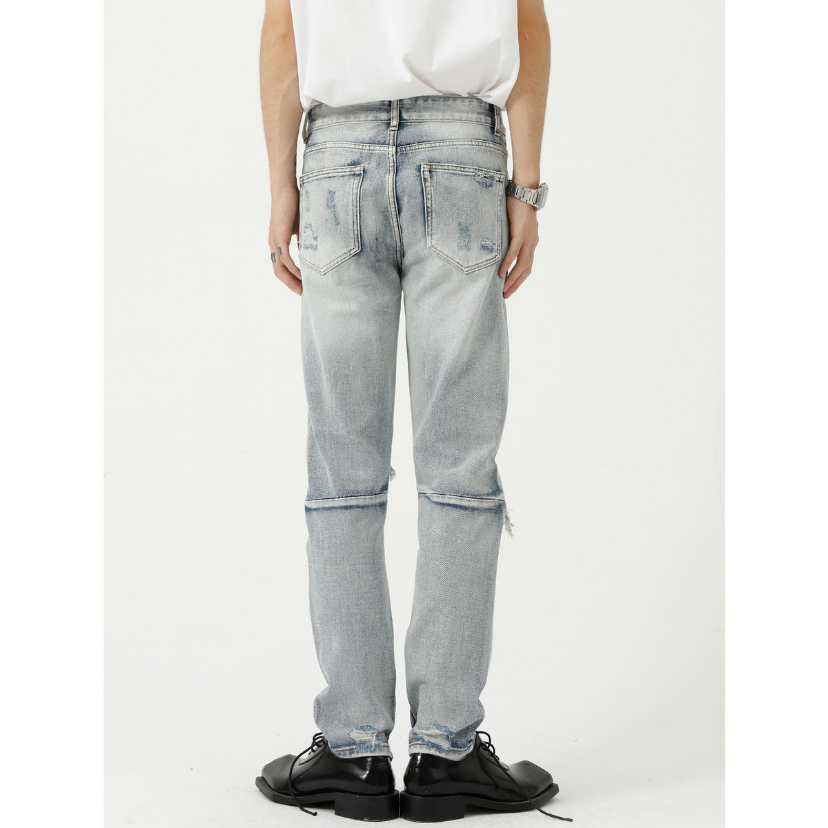 Jean déchiré tendance pour homme en mélange de coton bleu clair