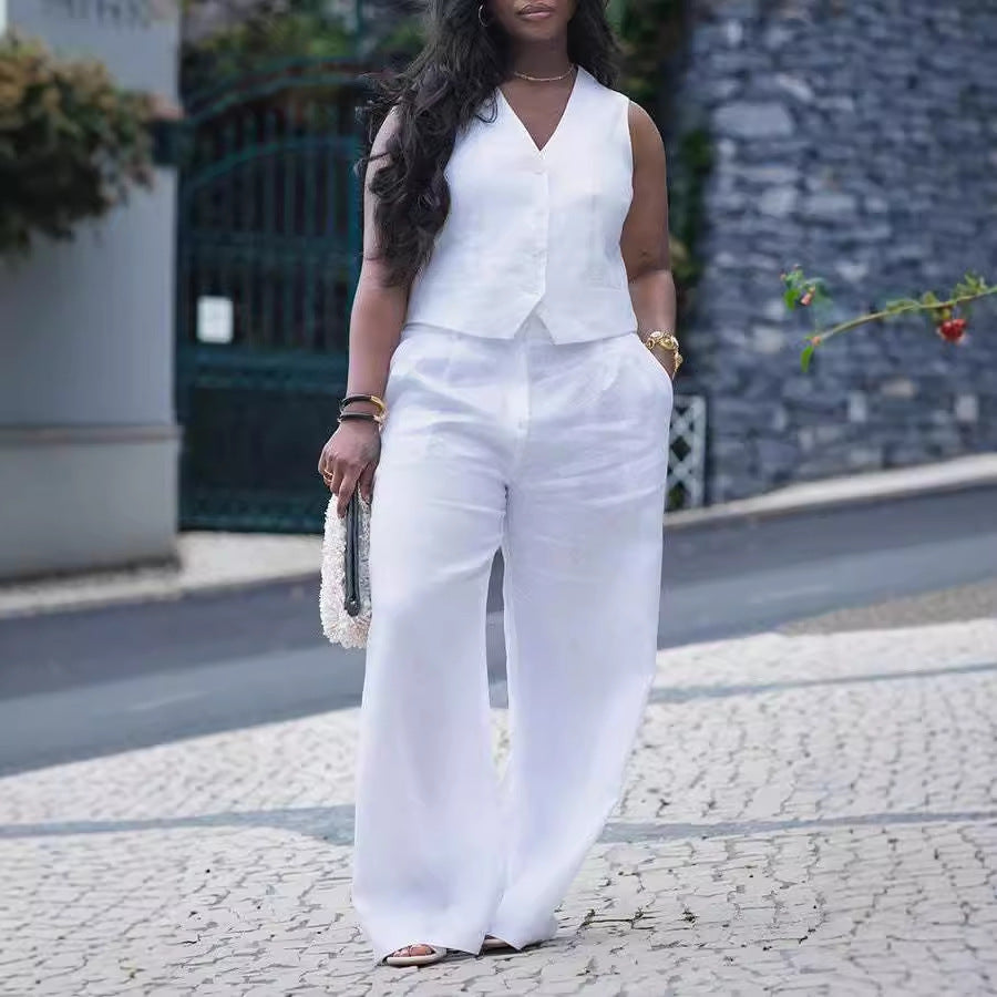Ensemble débardeur et pantalon décontractés à col en V pour femmes, couleur unie