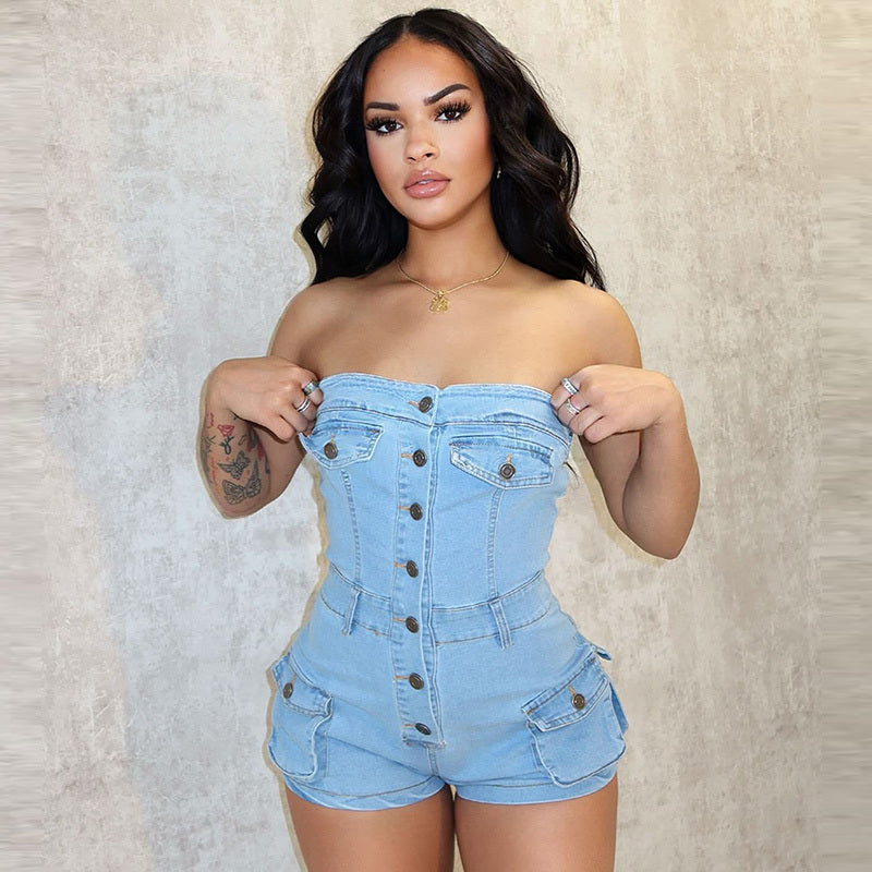 Summer Women Sexy Strapless Stretch Denim Rompers