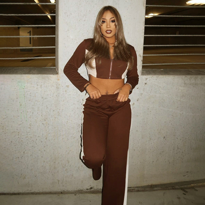 Ensemble manteau et pantalon décontractés à fermeture éclair et coutures contrastées pour femme