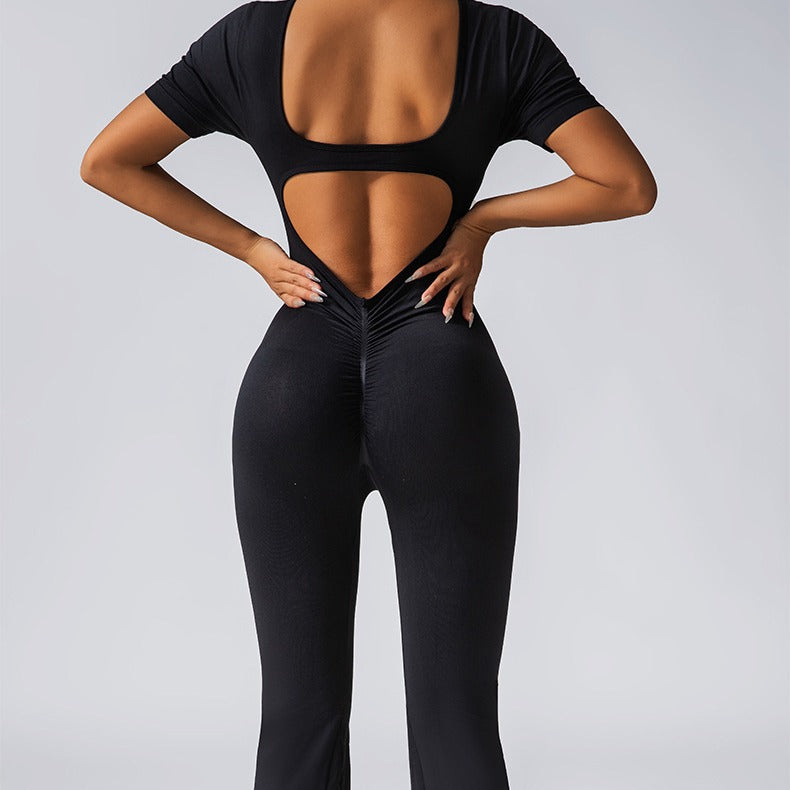 Women Fashion Casual Solid Color Seamless Short-Sleeve Backless Yoga Jumpsuits