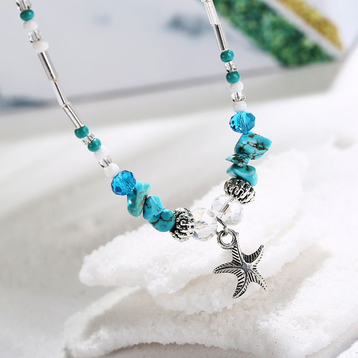 Tobillera con colgante de estrella de mar turquesa y cuentas de arroz estilo bohemio