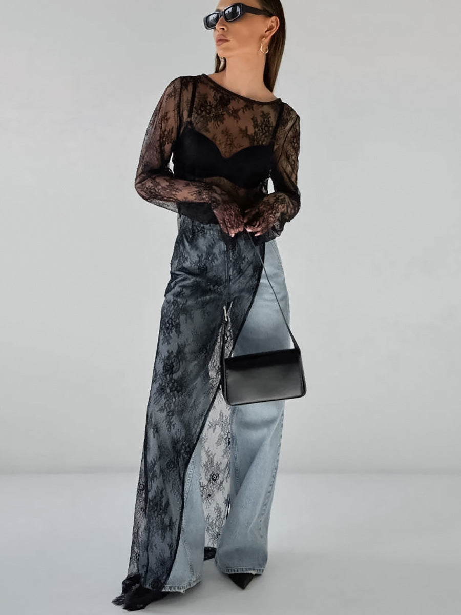 Women Fashion Sexy Perspective Lace Long Sleeve Dress
