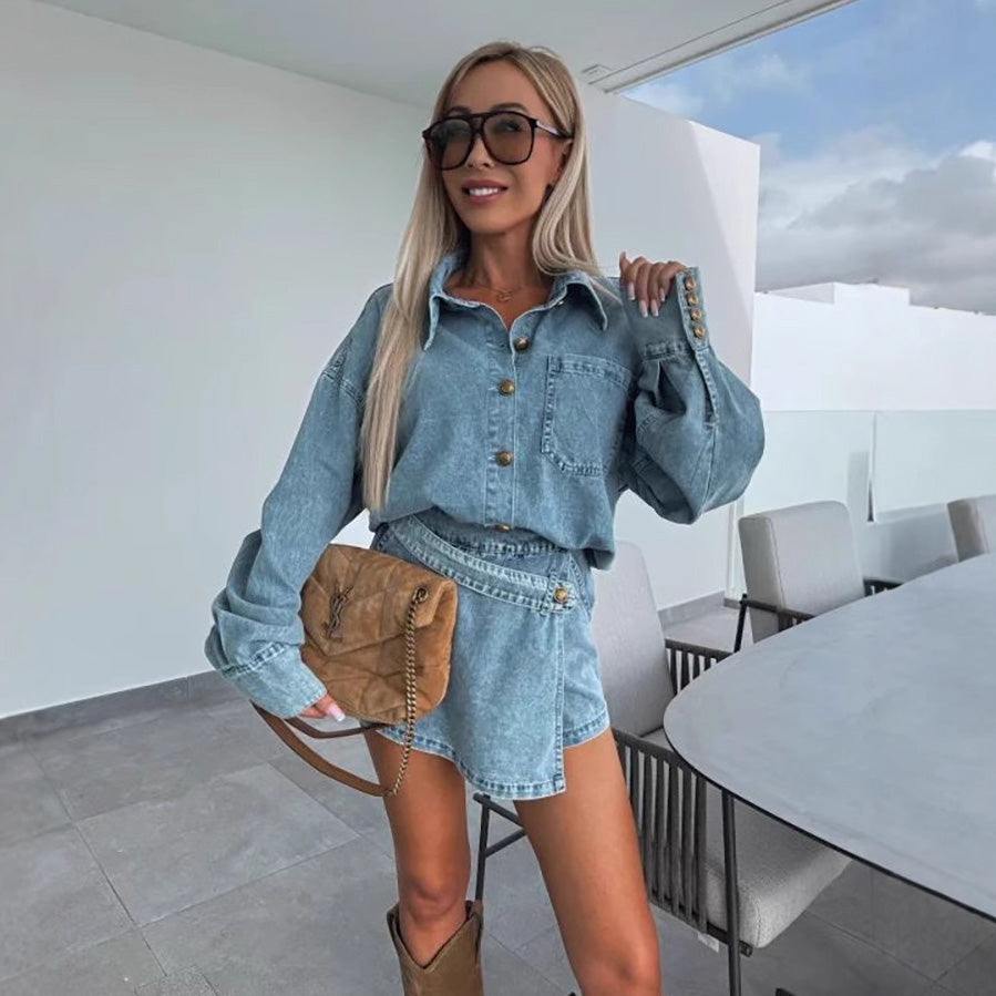Women Casual Denim Coat and Irregular Skirt Two-Piece Set