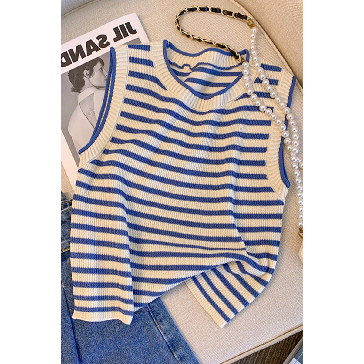 Camiseta de tirantes de verano para mujer de punto a rayas de seda de hielo - Tirantes extraíbles