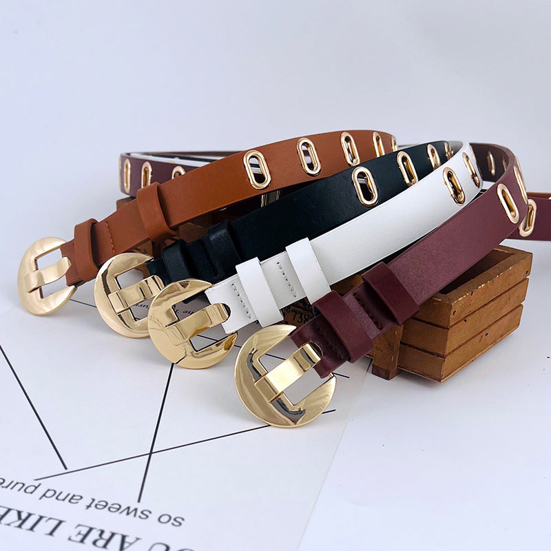 Ceinture décorative à œillets métalliques ajourés pour femme en cuir PU