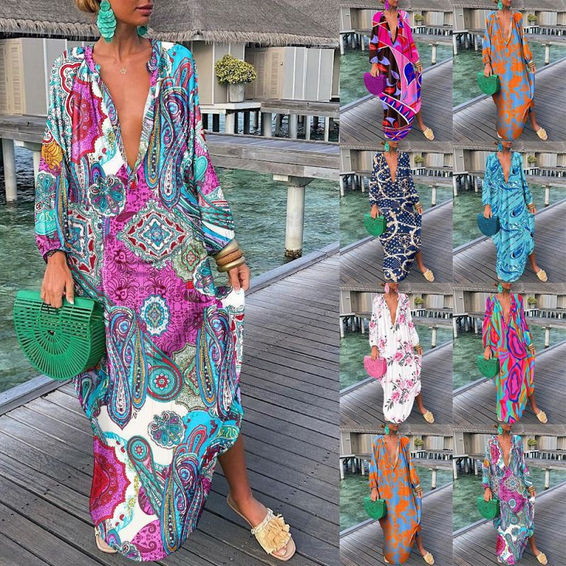 Robe bohème élégante vintage à manches longues et col en V pour femme