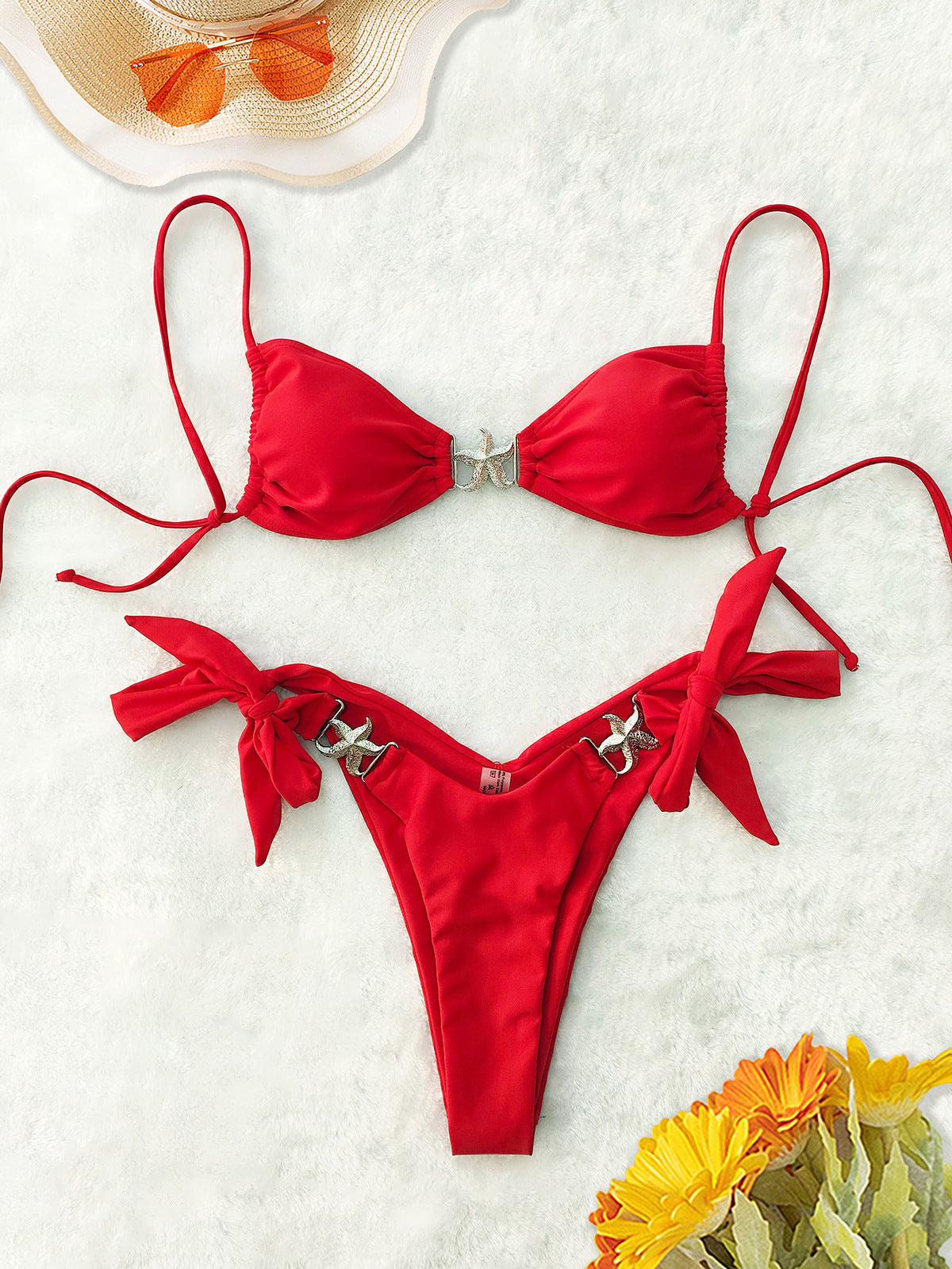 Bikini sexy de color sólido con hebilla de estrella de mar sin espalda para mujer