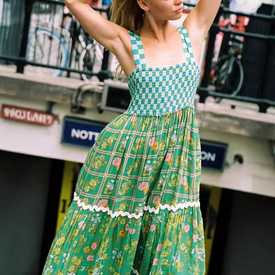 Women Fashion Printed Lace Sleeveless Backless Loose Dress