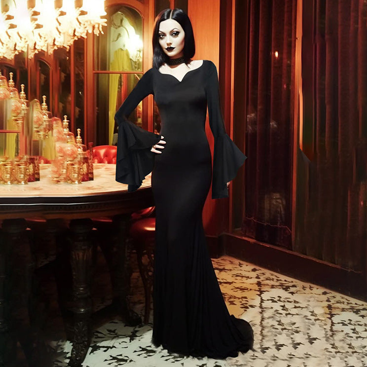 Robe slim à manches longues style rétro gothique pour femme